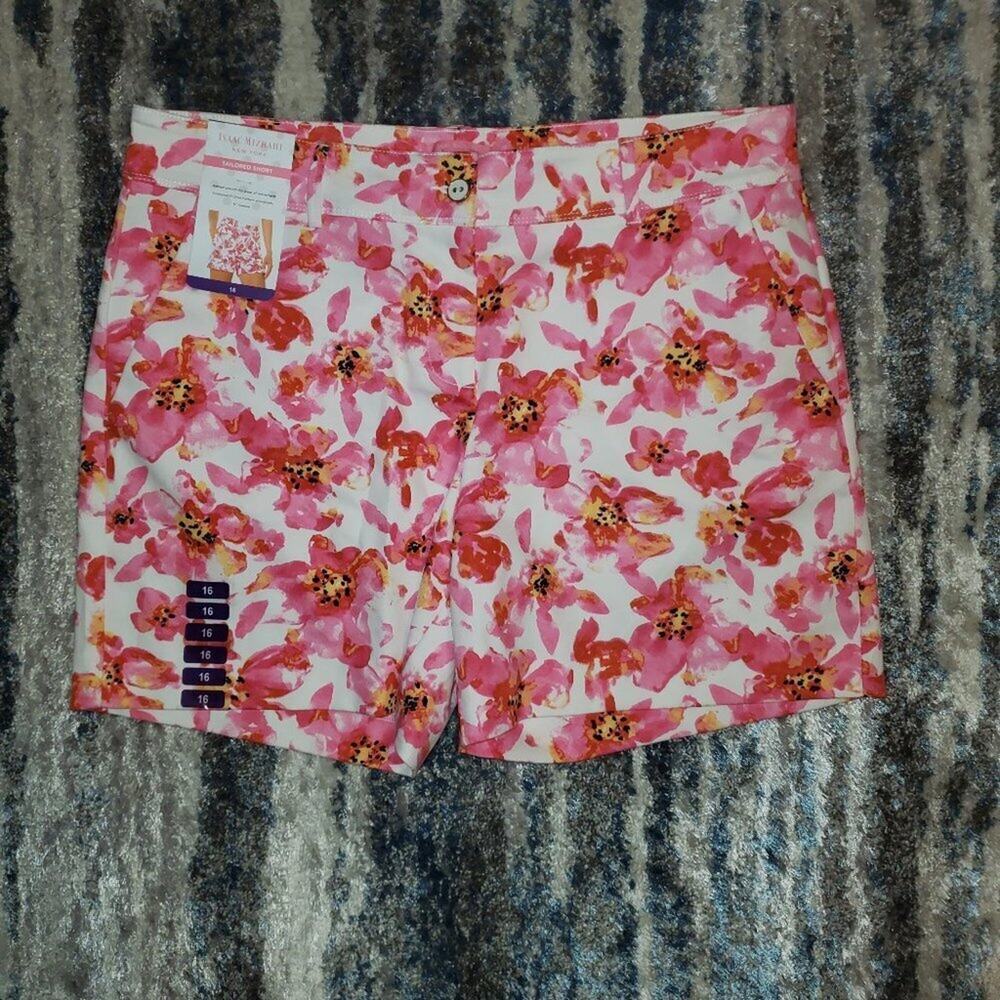 ISAAC MIZRAHI Women's red & Pink Spring Floral Print Tailored Shorts Sz 16 NWT